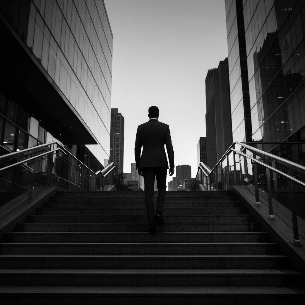 Executive ascending a staircase between concrete columns